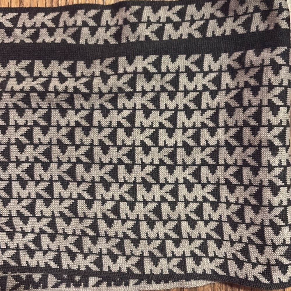 NWOT Michael Kors Black and Gray Allover MK logo infinity scarf 60” long x 10” w - Picture 3 of 6